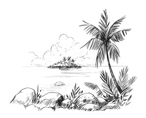 Fototapeta na wymiar Sketch of a tropical beach with palm trees and the sea. Hand drawn illistration converted to vector
