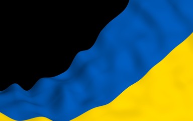 The flag of Ukraine on a dark background. National flag and state ensign. Blue and yellow bicolour. 3D illustration waving flag