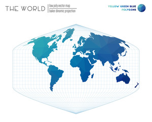 World map with vibrant triangles. Baker Dinomic projection of the world. Yellow, Green, and Blue colored polygons. Beautiful vector illustration.