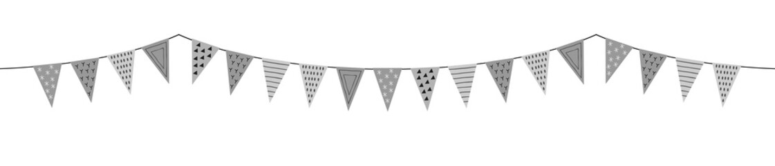 triangular flags in grey tones with pattern, garland in scandinavian style, vector isolated on white background