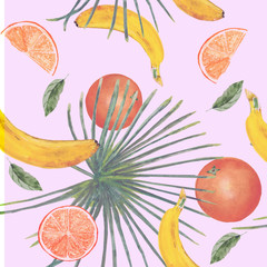 Watercolor illustration of fruits and exotic leaves. Seamless. For cards