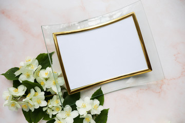 postcard mockup. spring flowers. romantic composition of white jasmine flowers. congratulation. invitation