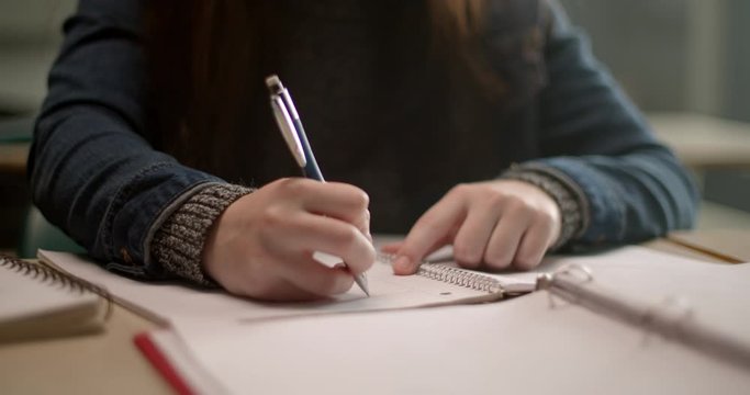 Young student taking notes in notebook while in Geography class with map behind her