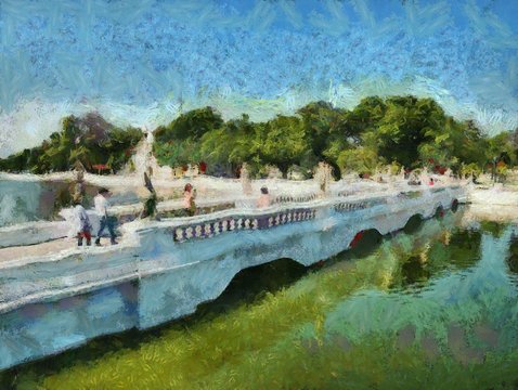 European architecture bridge in the park Illustrations creates an impressionist style of painting.