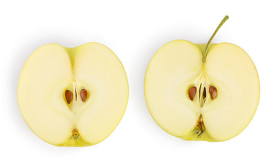 yellow apple half isolated on white background with clipping path and full depth of field. Top view. Flat lay.