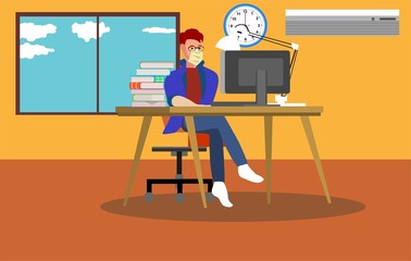  Freelancer Man with mask is working at his laptop. Working from home interior with work process icons on the background. Quarantine, Vector illustration.