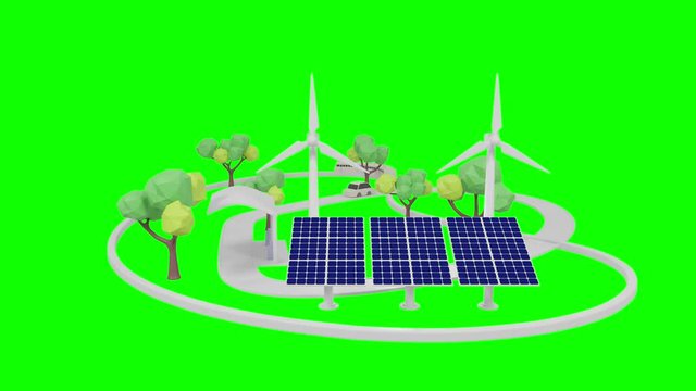 Electrical energy obtained from natural sources. 3D low poly rendering of green energy electric train, solar panels and wind turbine.  renewable energy, clean energy, 4k photojpeg bitrate over 100