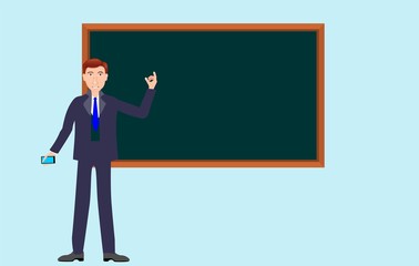 Man teacher with phone at hand on lesson at blackboard in classroom.  Vector illustration