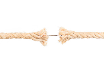 Frayed rope sting break torn isolated on white backgroud object or stress weakness concept