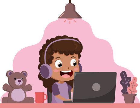 Stay home, kid using laptop, Online education, quarantine, Happy smile, internet technology, e-learning, girl relax, study distance, black people, african young 