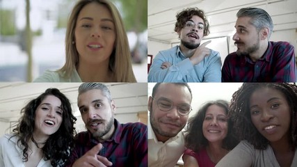 Pov shots of people using devices for conference call, speaking at camera, waving hello. Mosaic series, multiscreen montage, collage portraits. Communication concept