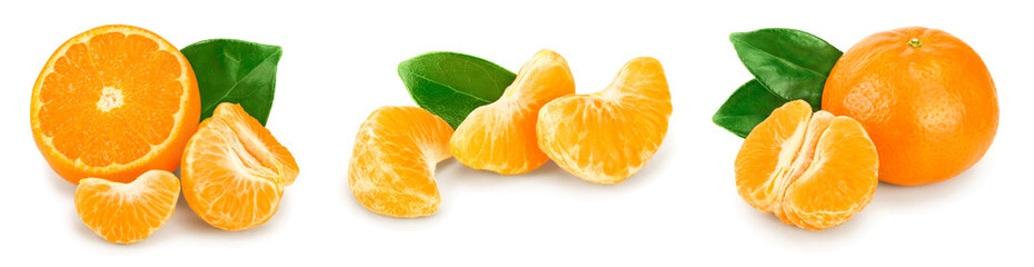 tangerine or mandarin fruit with leaves isolated on white background. Set or collection