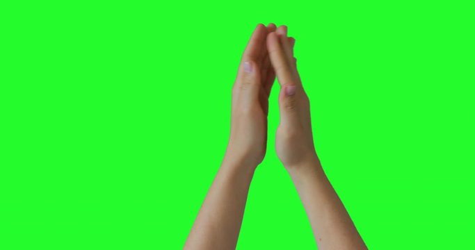 Isolated Woman Clapping hands and Showing Applause Sign Symbol. Green Screen Compositing. Pack of Gestures Movements on Keyed Chroma Key Background. Body Language. 