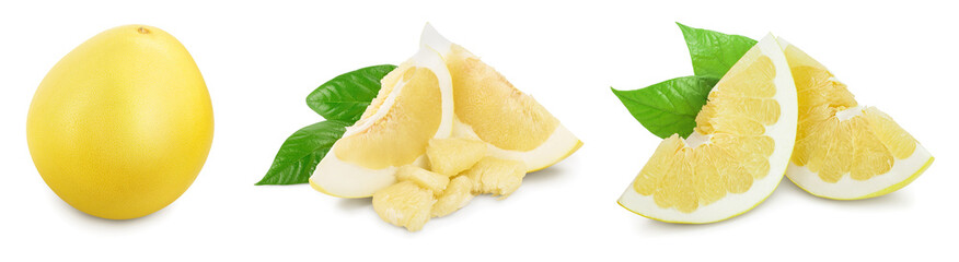 pomelo with slice and leaf isolated on white background. Set or collection
