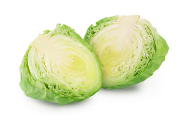 Green cabbage half isolated on white background with clipping path and full depth of field.