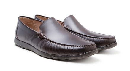 Brown leather loafers isolated.