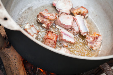 Pieces of lamb meat on bones stew in a cauldron