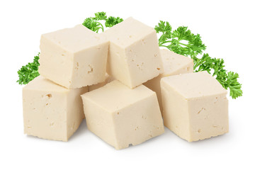 Heap of diced tofu cheese isolated on white background with clipping path and full depth of field,
