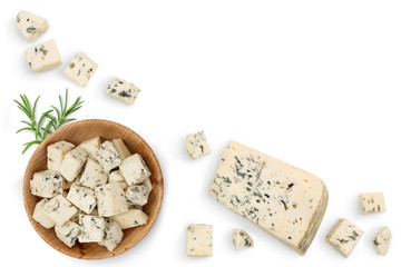 Blue cheese slices isolated on white background with clipping path . Top view with copy space for...