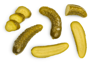 Marinated pickled cucumber isolated on white background with clipping path and full depth of field. Top view. Flat lay