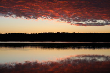 Mirror image of pink light sky with bright burning crimson clouds in the lake at dawn.The illuminated black forest on the horizon is copied in the calm water.A glossy picture in the twilight.Russia