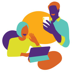 Video conferencing of people working at home. Vector illustration.