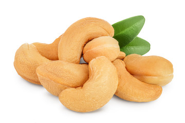 Roasted Cashew nuts with leaf isolated on white background with clipping path and full depth of field.