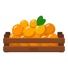Wooden box with orange. Harvesting tropical fruit citrus. Flat illustration vector.