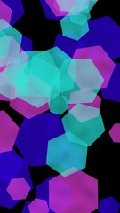 Multicolored translucent hexagons on dark background. Vertical image orientation. 3D illustration