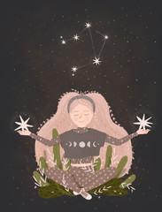 magic illustration of the zodiac sign. constellation. Libra. Girls with the stars. plants and flowers. starry sky.