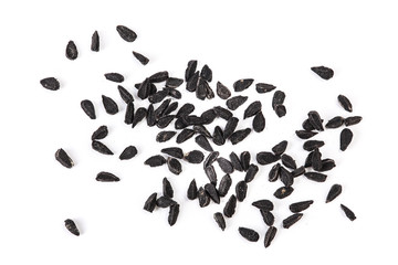 Nigella sativa or Black cumin isolated on white background. Top view. Flat lay.