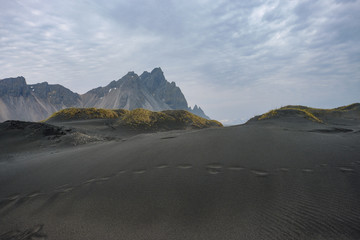 The Vestrahorn mountain on the Icelandic coast jut directly out of the ocean