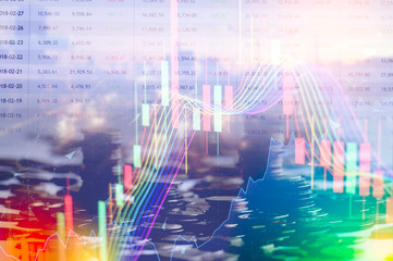 Stock market digital graph chart on LED display concept. A large display of daily stock market price and quotation. Indicator financial forex trade education background.  coins for finance concept