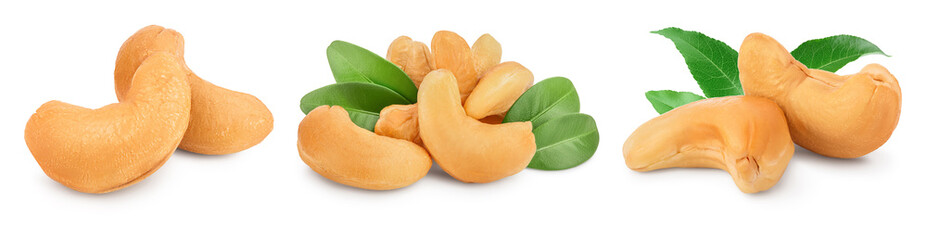 Roasted Cashew nuts with leaf isolated on white background with clipping path and full depth of field. Set or collection
