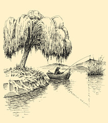 Fisherman in a boat fishing on a lake, willow tree on shore, relaxation outdoors