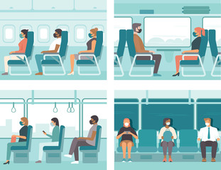 People in public transport wearing protective masks. Safe travel concept for  coronavirus COVID-19 pandemic quarantine.  