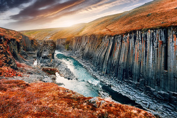  Wonderful Nature landscape. Incredible view on river in canyon with black basalt columns  under sunlight, Tipical Icelandic scenery. Studlagil Canyon during sunset. Iconic location for photographers.