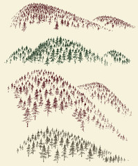 Mountain forest vector set. Hand drawn coniferous woods peaks © Danussa