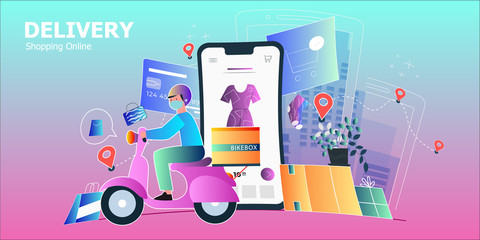 Digital marketing Vector illustration of shopping online on website mobile phone use as background business technology e-commerce marketing online delivery service, shop order tracking, city logistics