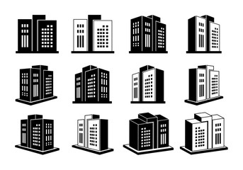 Obraz premium Building and company icons on white background, Vector bank and office collection, Black edifice and residential, Set apartment and condo illustration