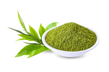 Young tea leaves and tea powder in a white cup Isolated on white background