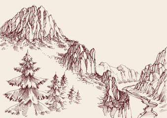 Alpine sketch background. Pine tree forest, a river in the valley and mountain ranges