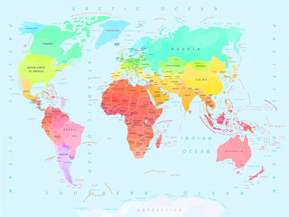 Fototapeta premium Geometryczna mapa świata z nazwami krajów i stolic