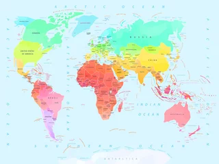 Geometrische Weltkarte mit Namen von Ländern und Hauptstädten © Designincolor
