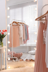 Rack with stylish women's clothes and mirror indoors. Interior design