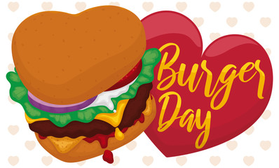 Lovely Burger with Heart Label to Celebrate Hamburger Day, Vector Illustration