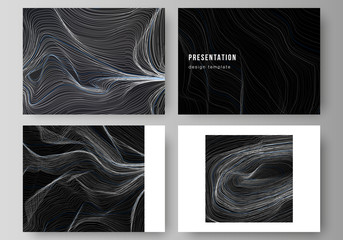 The minimalistic abstract vector illustration of the editable layout of the presentation slides design business templates. Smooth smoke wave, hi-tech concept black color techno background.