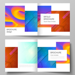 Vector illustration layout of two covers template for square design bifold brochure, magazine, flyer, booklet. Futuristic technology design, colorful backgrounds with fluid gradient shapes composition