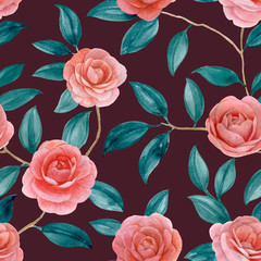 Seamless pattern of flowers and leaves. Watercolor botanical pattern. For wrapping paper, textile and print.