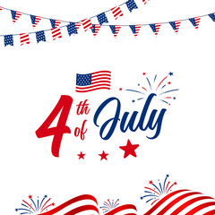 4th of July celebration with American national waving flag, garlands and fireworks, July greeting, celebrating freedom. Vector illustration on white background.